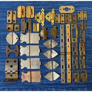 Large Mixed Vintage Lot Small Hinges Plates Brass Metal Salvage Unique Hardware